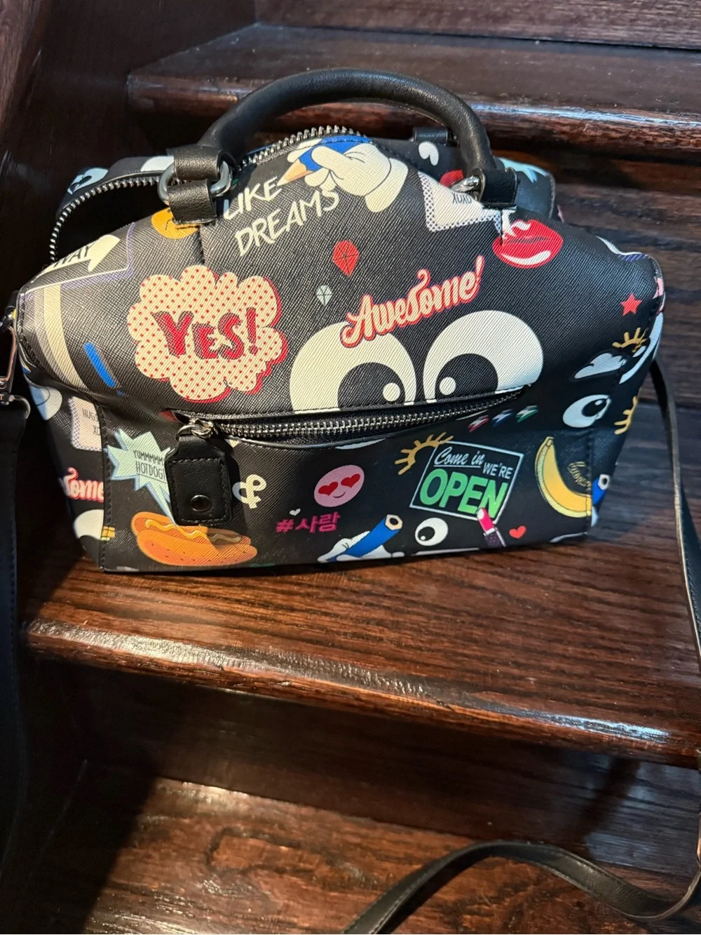 Graphic Print Black Satchel Bag - Designer Style